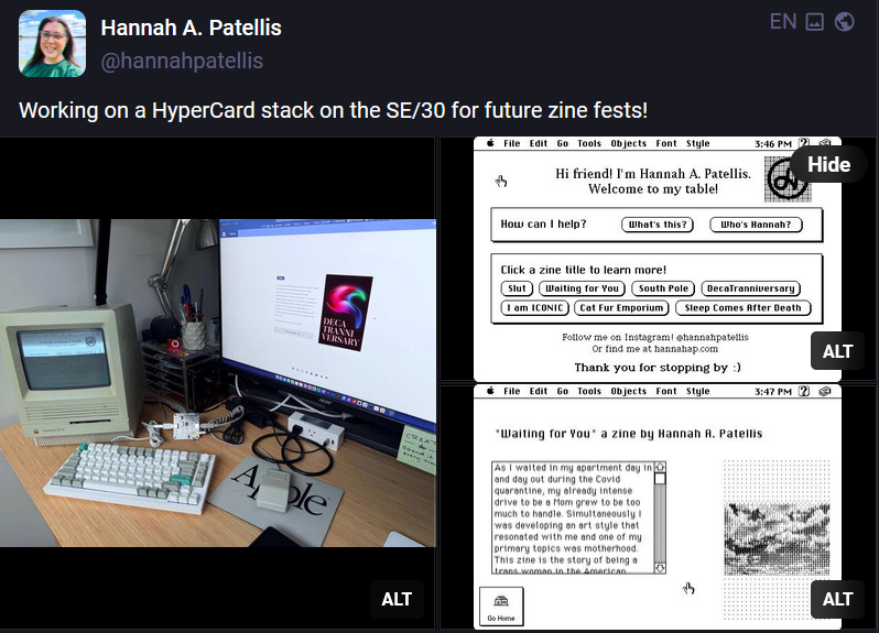 Screenshot of a Mastodon post from @hannahpatellis@oldbytes.space showing three images: a photograph of an old computer connected to a keyboard and mouse beside a new computer showing one of Hannah's zines, and two separate screenshots from the old computer demoing the zine table HyperCard stack in black and white