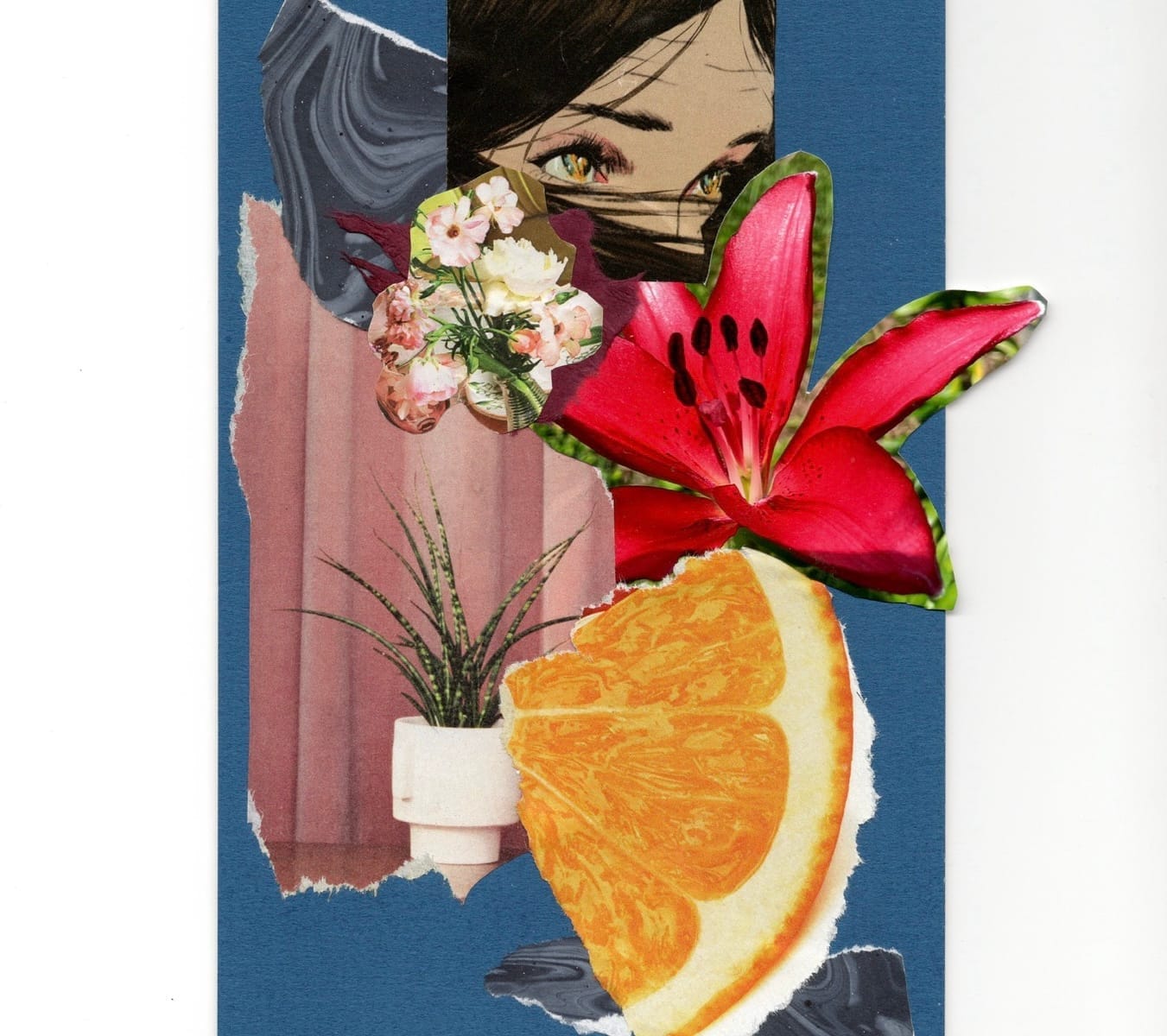 A hand-made physical collage with a solid blue background decorated with floral elements, textures, and other magazine clippings.