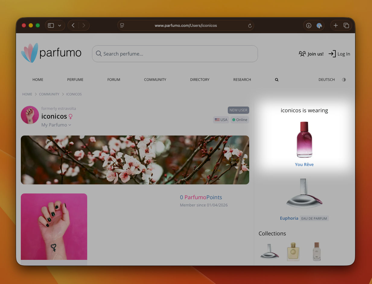 My Parfumo profile page showing that today I'm wearing "You Rêve" by Glossier