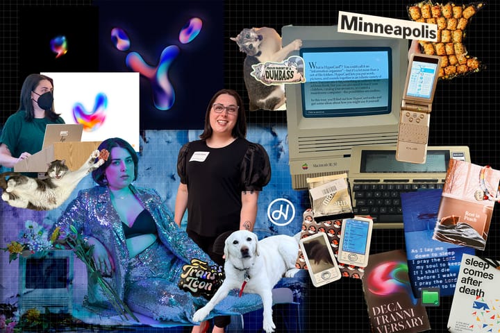 A collage of various photos laid out on a black grided background. Photos include images of Hannah, various retro tec, art works, zines, and pets.