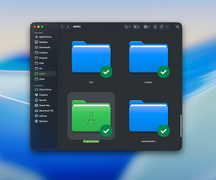 Screenshot of macOS Tahoe showing a folder open in Finder. The folder's name is "EMOH" and there are four very big folders. A green folder called "gen.em.otion" is selected