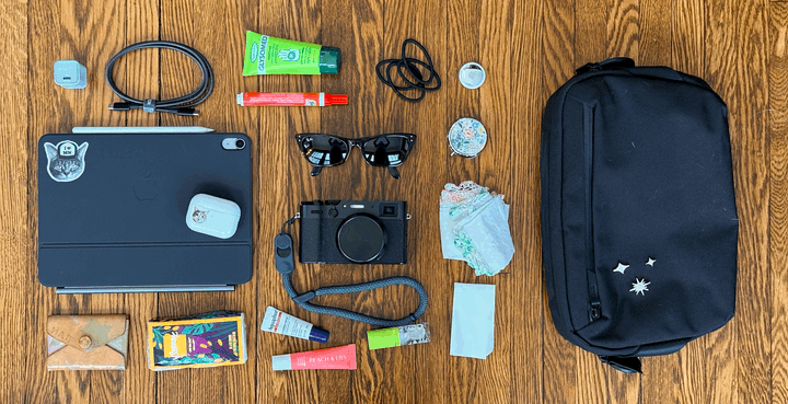 Items laid out on a wooden floor including an iPad, digital camera, sunglasses, toiletries, a wallet, and other items all sitting next to a black sling bag